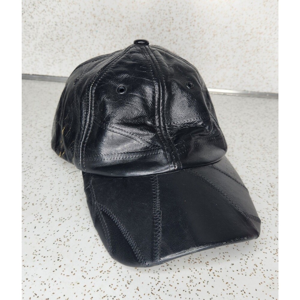 Crown Cap Genuine Black Leather Baseball Hat Cap Strapback Made in Canada